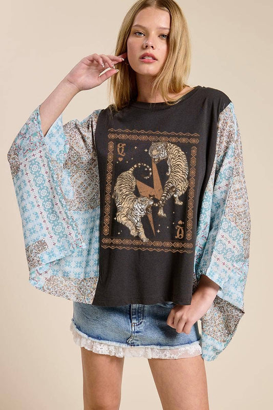 FREE SPIRIT DREAMER Series: Vintage Tigers Boho Frame Graphic Sheer Boho Kaftan Top