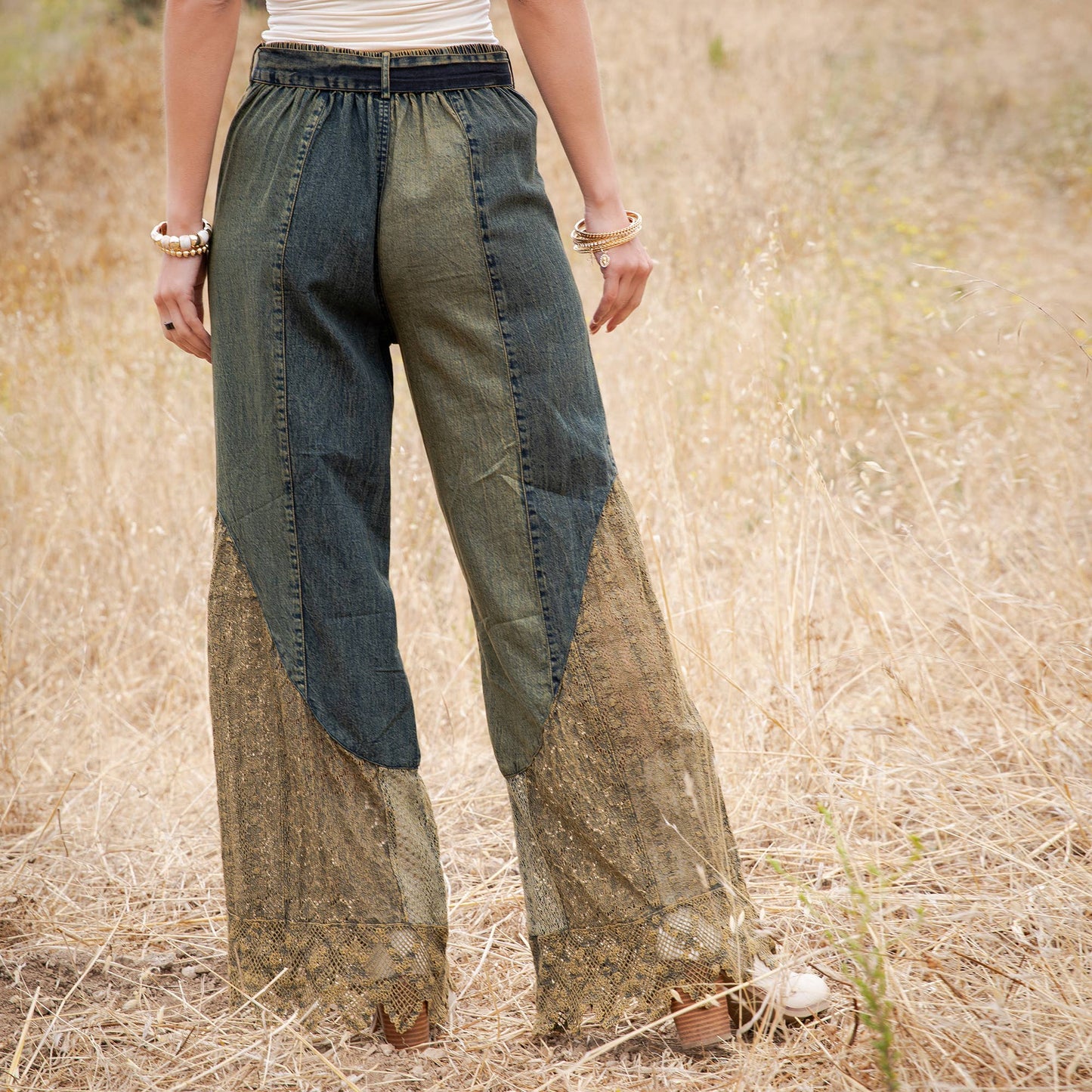 Montana Boho Mixed-Media Lace Hem Tie-Waist Flare Pants