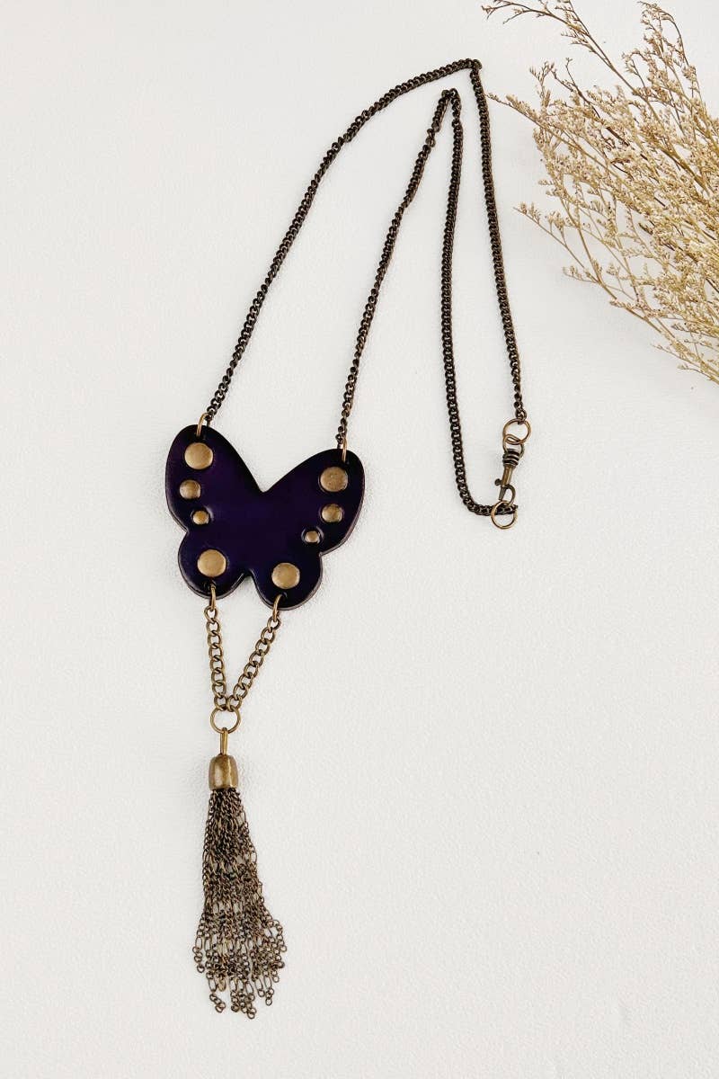 Western Butterfly Studded Leather Fringe Necklace