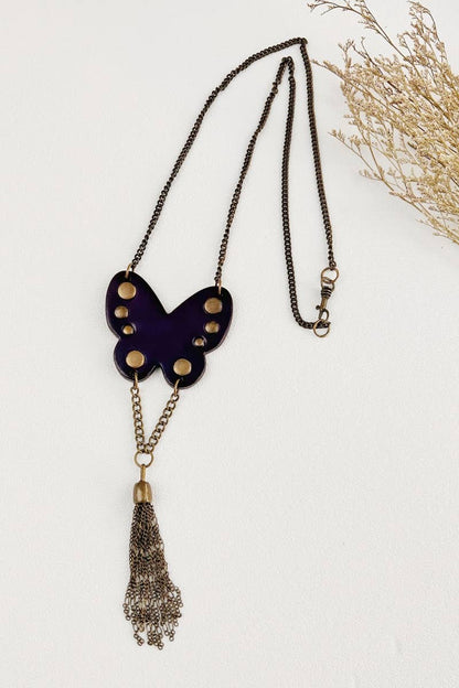 Western Butterfly Studded Leather Fringe Necklace