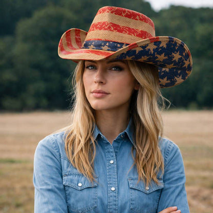 Vintage Americana Stars Stripes Straw Cowboy Hat (Red Theme)