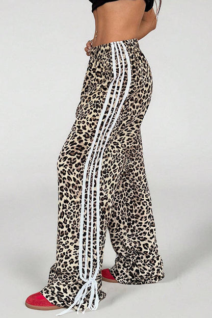 Leopard Print Stripe Casual Pants (Adorable three draw-string bows on hem)