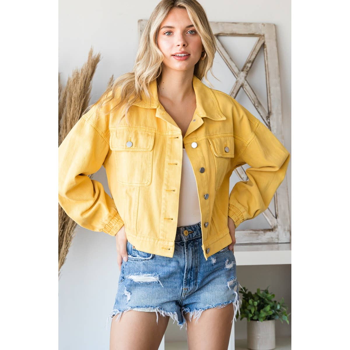 Rhinestone Fringed Back Color Denim Jacket (Turquoise)