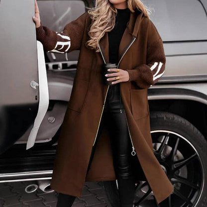 Women Long Hooded with Knit Sweater Inserts—Coat/Duster/Cardigan