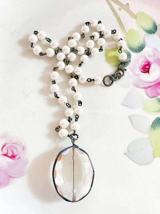 Soldered Crystal Drop Pearl Beaded Chain Necklace: Montana Boho Western Spirit Jewelry