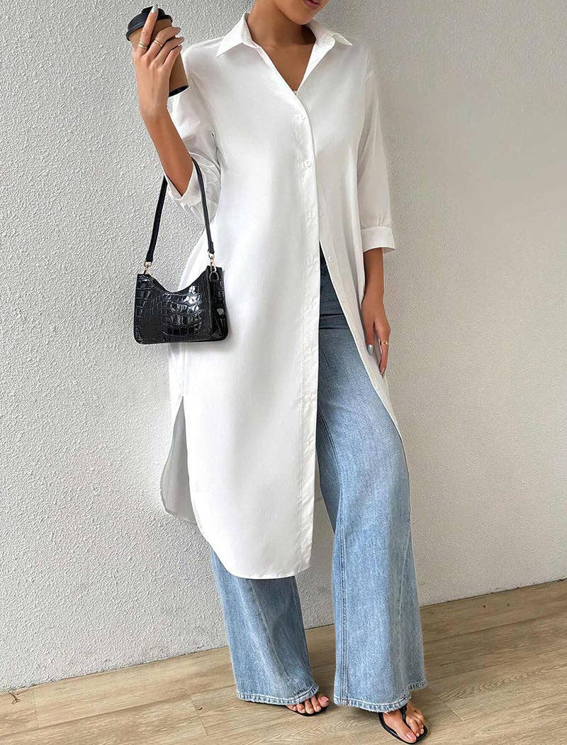 Be A Show-Stopper—Simply IRRESISTIBLE:Solid Mid-Sleeve Long Cardigan Shirt