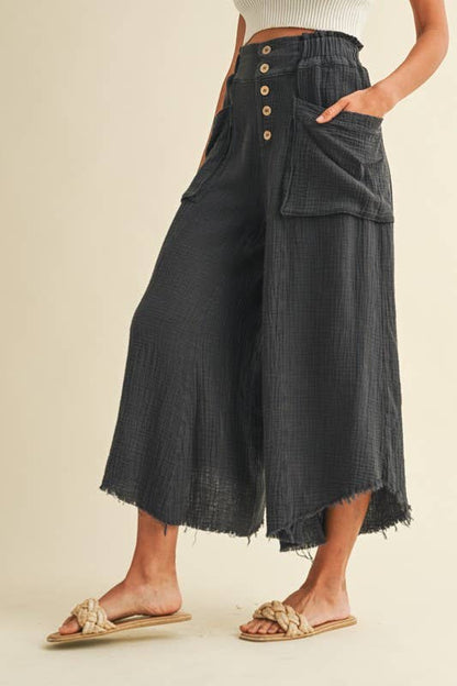 Mineral Washed Fray Hem Linen Cotton Wide Pants