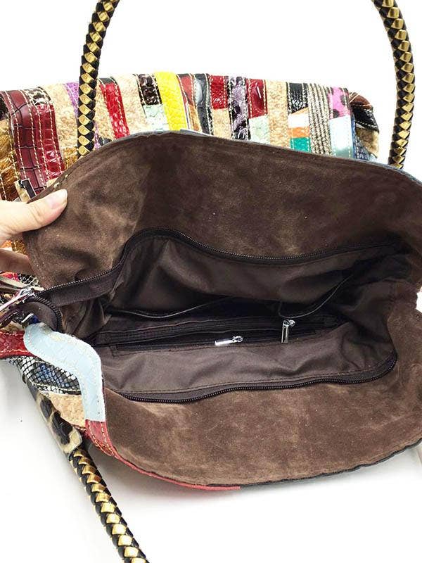 Montana Boho Western Spirit Fashion: This yummy fashion speaks to your boho western spirit, and this statement is a true Yellowstone-Vibe: Split-joint Striped Shoulder Sling Leather Bag