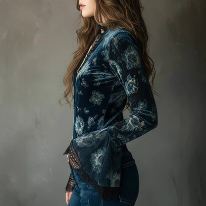 Floral Lace Trim Long Sleeve Blouse— Montana Boho Western Spirit Fashion
