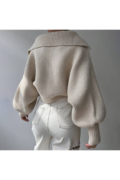 Cozy Ribbed V-Neck Sweater (Creme & Pink)