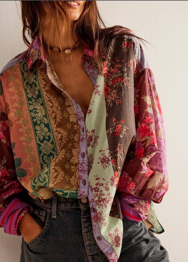 Bohemia Chic Vibe Floral (patchwork print button-up shirt)—Montana Boho Western Spirit Fashion: