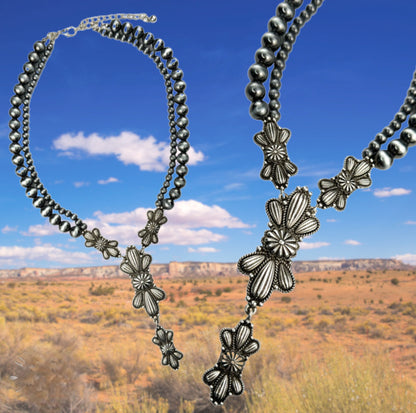 Montana Boho Western Spirit Jewelry: Navajo pearl necklace w/butterfly conchos