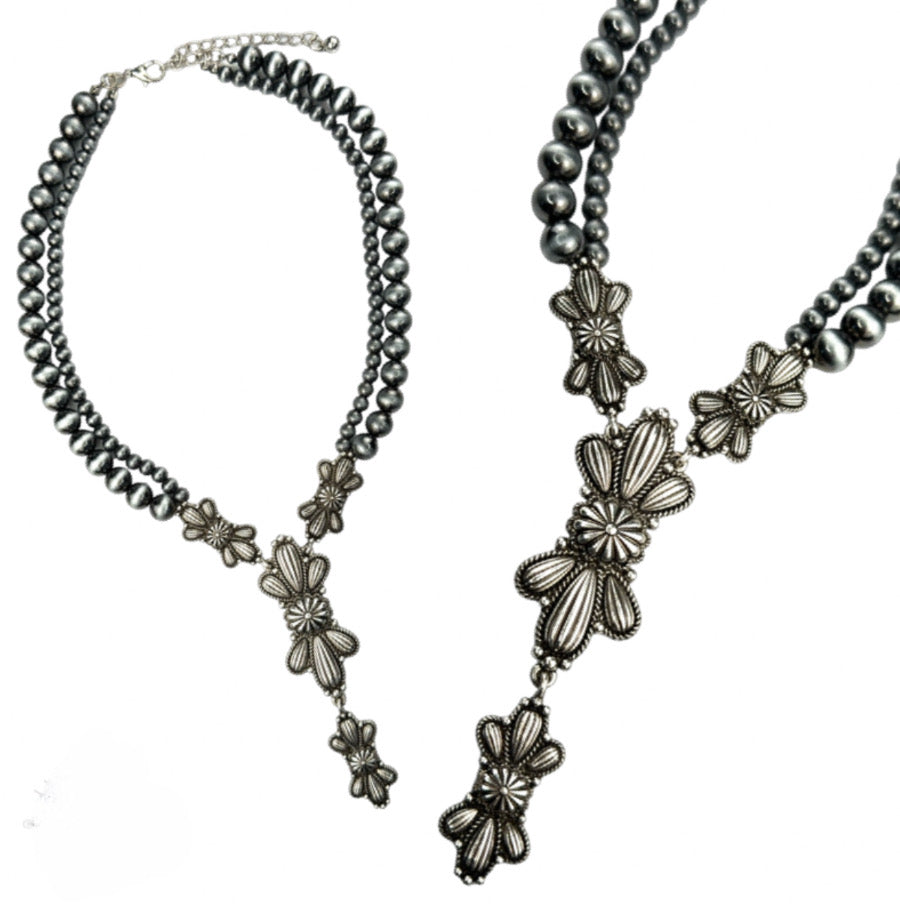 Montana Boho Western Spirit Jewelry: Navajo pearl necklace w/butterfly conchos