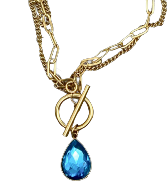 "Ripples of YELLOWSTONE" Jewelry: Gold Double Strand Toggle Necklace with Crystal Teardrop