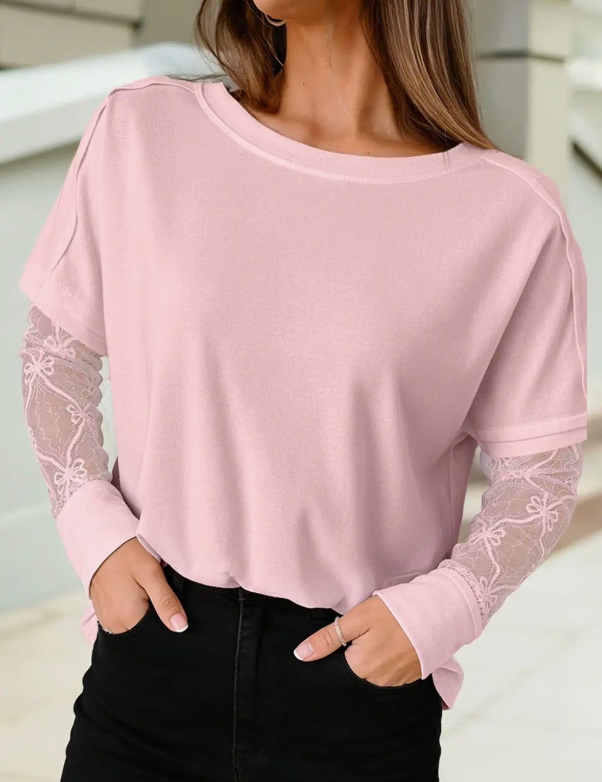 FREE SPIRIT DREAMER Series: Lace Sleeves/Textured Patchwork Long Sleeve Tee