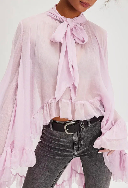 Tie-Neck Sheer Blouse with Ruffled Details