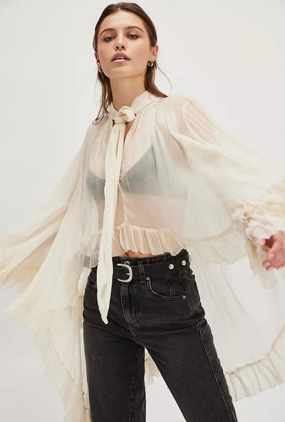 Tie-Neck Sheer Blouse with Ruffled Details