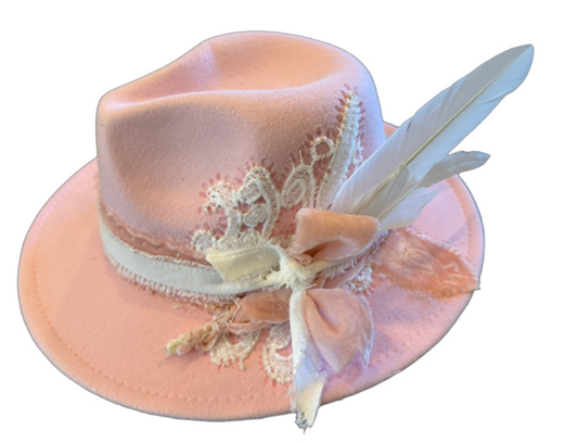 The 406 Mad Hattie, "Cancer Tribute Hat" (Pink, Fedora, Lace, Feather)
