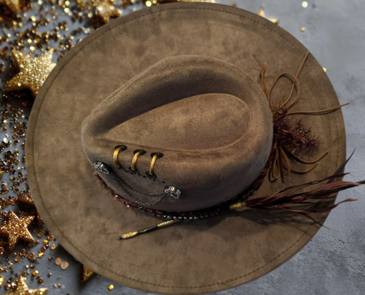 The 406 Mad Hattie.  Meet, "Bee's Knees". (Olive, Suede, Wide-Brim, Adornments)