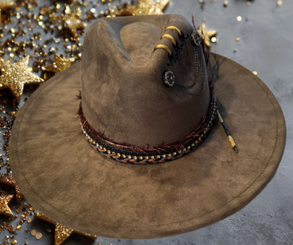 The 406 Mad Hattie.  Meet, "Bee's Knees". (Olive, Suede, Wide-Brim, Adornments)