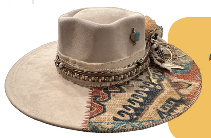 The 406 Mad Hattie.  Meet "BoHo Betty" (Heart-Dome, Suede. Creme, Tapestry, Wide-Brim)