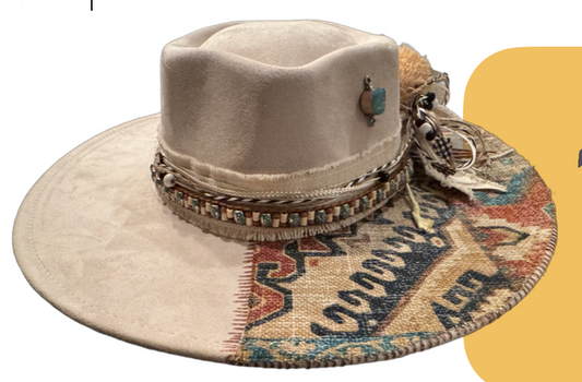 The 406 Mad Hattie.  Meet "BoHo Betty" (Heart-Dome, Suede. Creme, Tapestry, Wide-Brim)