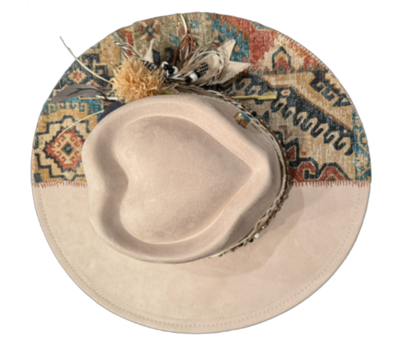 The 406 Mad Hattie.  Meet "BoHo Betty" (Heart-Dome, Suede. Creme, Tapestry, Wide-Brim)
