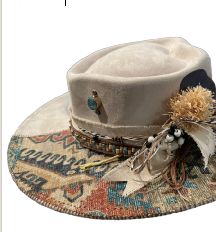 The 406 Mad Hattie.  Meet "BoHo Betty" (Heart-Dome, Suede. Creme, Tapestry, Wide-Brim)
