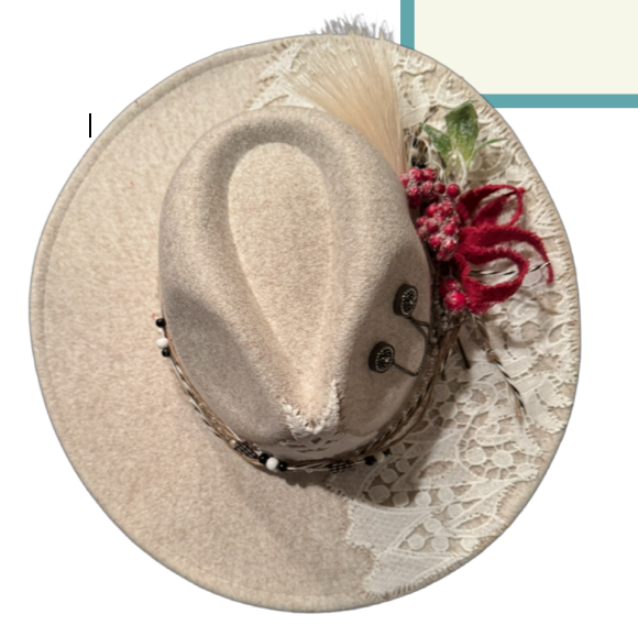 The 406 Mad Hattie.  Meet "Christmas Holly" (Creme, Lace, Holy, Jeweled, Fedora)