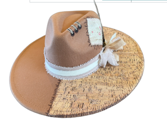 The 406 Made Hattie.  Meet "Eleanor Rose" (Tan, Cork, Vintage Touches. Wide-Brim Fedora)
