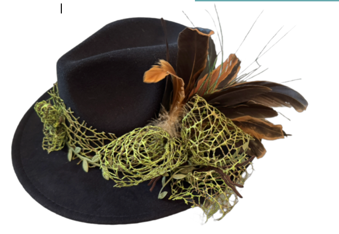 The 406 Mad Hattie.  Meet "Fern Gully" (Black, Fedora, Organic Band, Feathers)