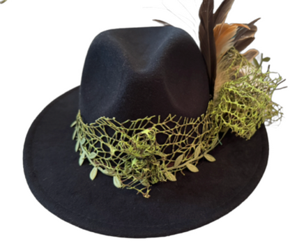 The 406 Mad Hattie.  Meet "Fern Gully" (Black, Fedora, Organic Band, Feathers)