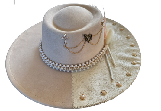 The 406 Mad Hattie.  Meet "Freya: (Creme, Leather, Pearl, Jeweled, Wide-Brim Fedora)
