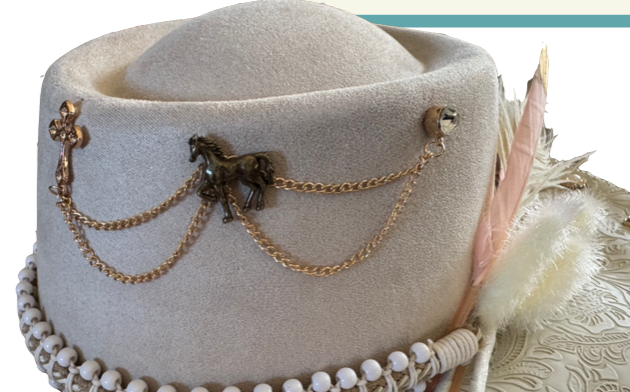 The 406 Mad Hattie.  Meet "Freya: (Creme, Leather, Pearl, Jeweled, Wide-Brim Fedora)