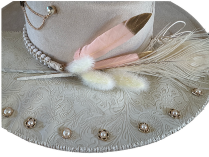 The 406 Mad Hattie.  Meet "Freya: (Creme, Leather, Pearl, Jeweled, Wide-Brim Fedora)