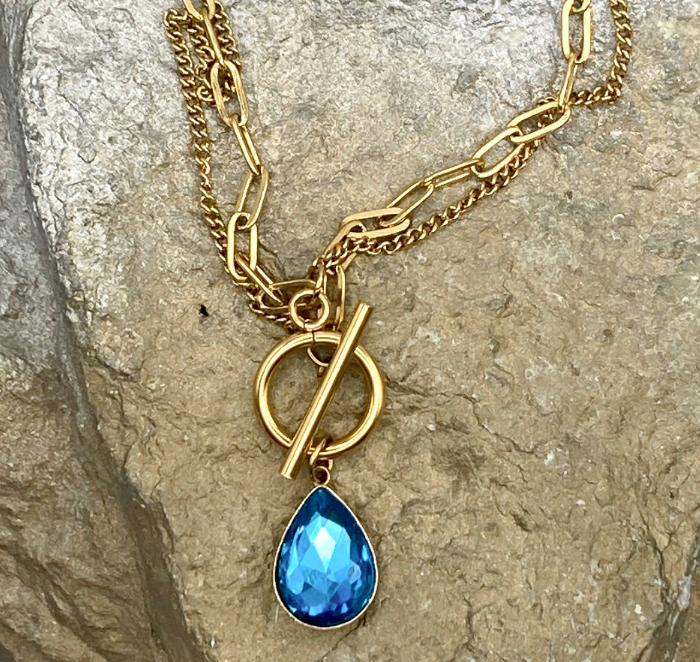 "Ripples of YELLOWSTONE" Jewelry: Gold Double Strand Toggle Necklace with Crystal Teardrop