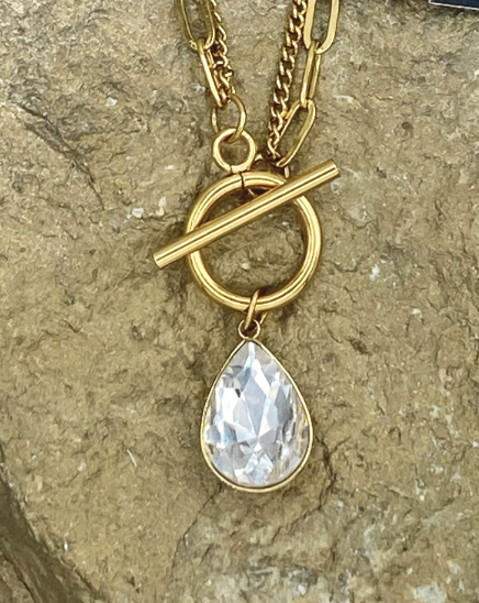 "Ripples of YELLOWSTONE" Jewelry: Gold Double Strand Toggle Necklace with Crystal Teardrop