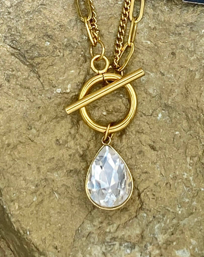 "Ripples of YELLOWSTONE" Jewelry: Gold Double Strand Toggle Necklace with Crystal Teardrop