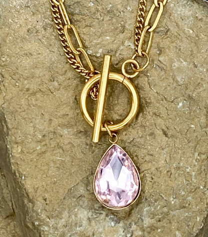 "Ripples of YELLOWSTONE" Jewelry: Gold Double Strand Toggle Necklace with Crystal Teardrop