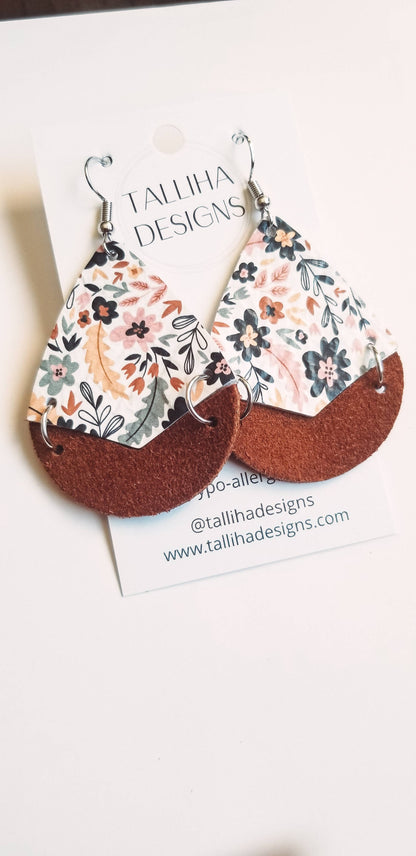 Dainty Floral Genuine Leather Split Drop Earrings—Montana Boho Western Spirit Jewelry