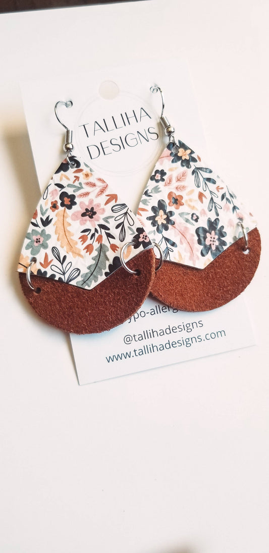 Dainty Floral Genuine Leather Split Drop Earrings—Montana Boho Western Spirit Jewelry