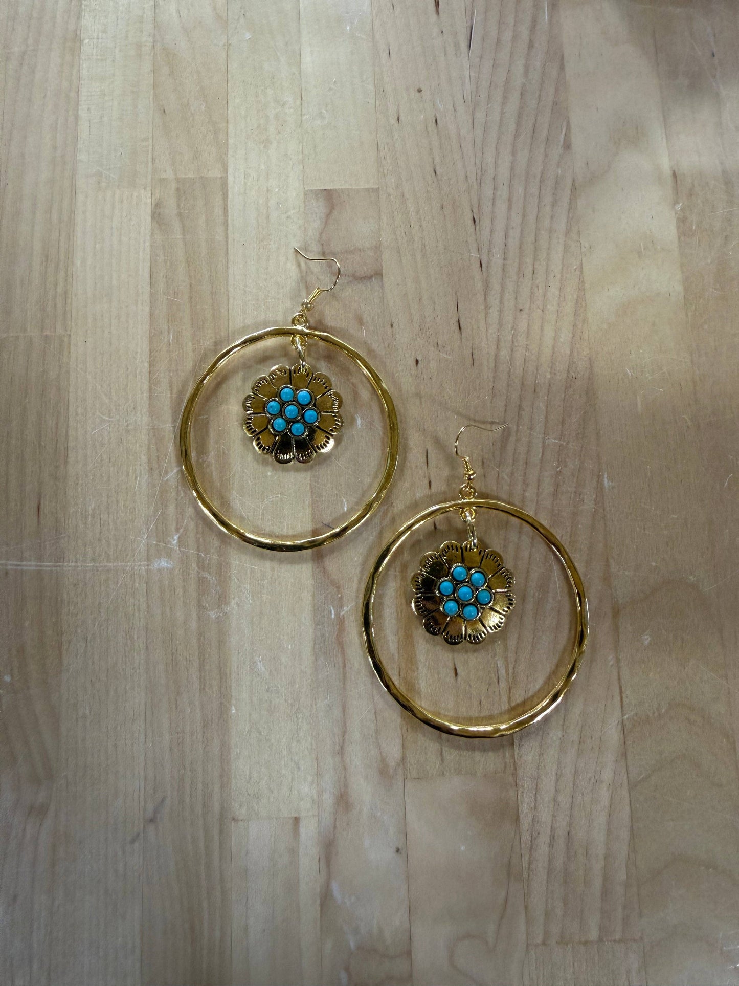 Gold Turquoise Floral Hoop Earring: Montana Boho Western Spirit Jewelr