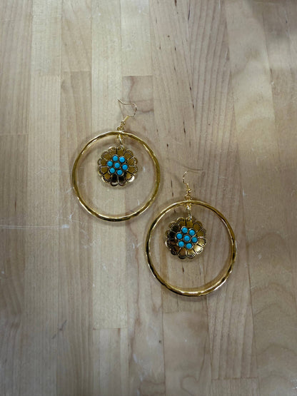 Gold Turquoise Floral Hoop Earring: Montana Boho Western Spirit Jewelr