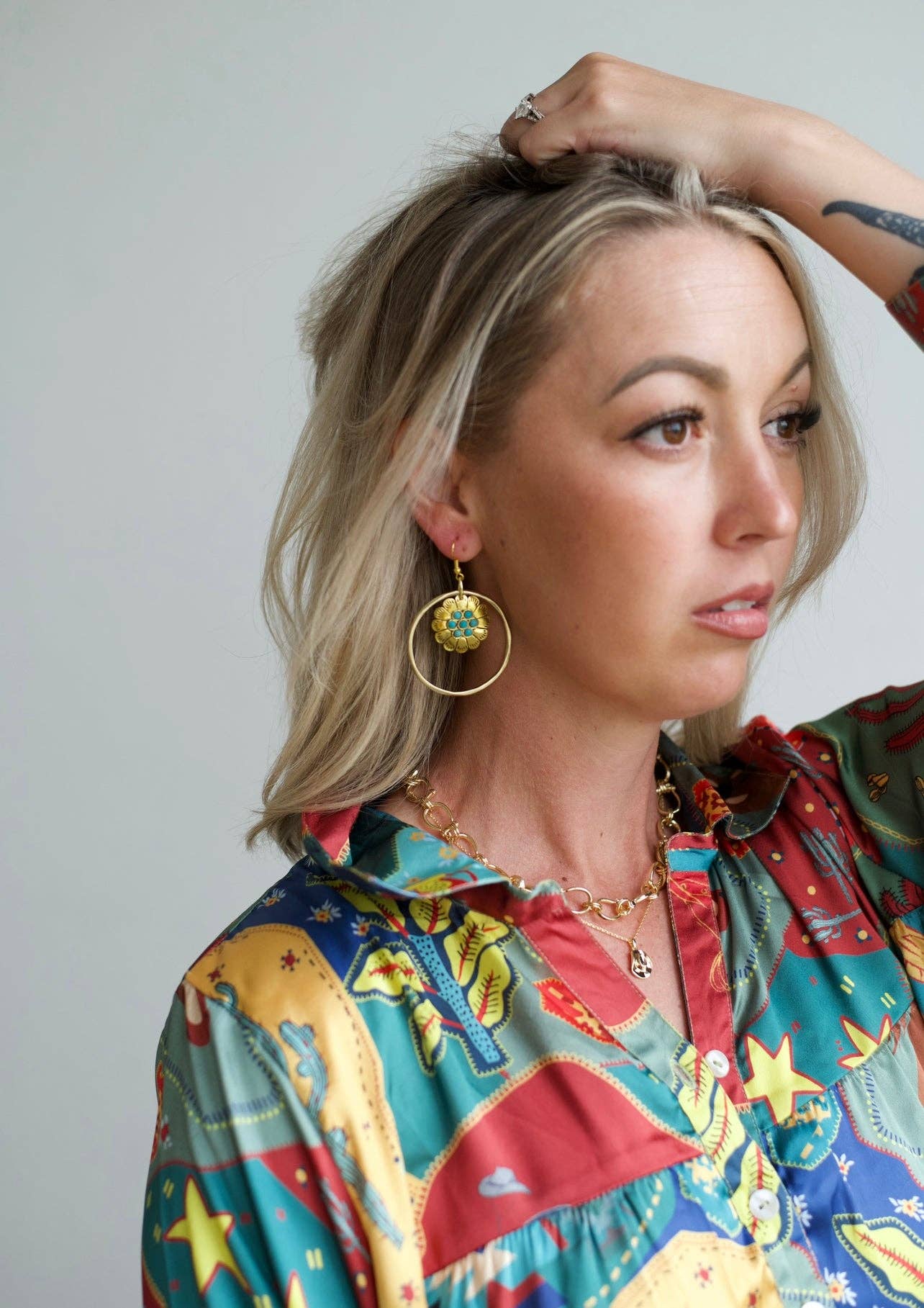 Gold Turquoise Floral Hoop Earring: Montana Boho Western Spirit Jewelr
