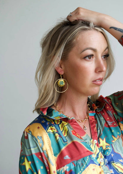 Gold Turquoise Floral Hoop Earring: Montana Boho Western Spirit Jewelr