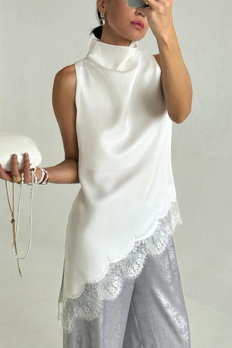 Lace-Trim High-Neck Asymmetrical Tank Top