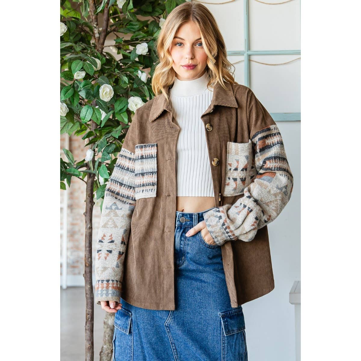 Shacket-Contrast Pattern Corduroy