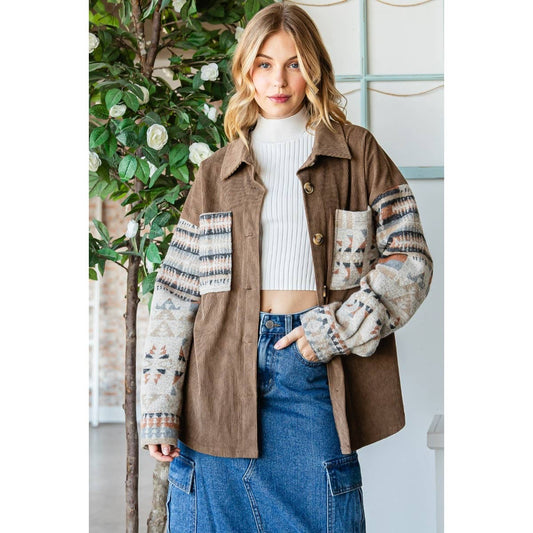 Shacket-Contrast Pattern Corduroy