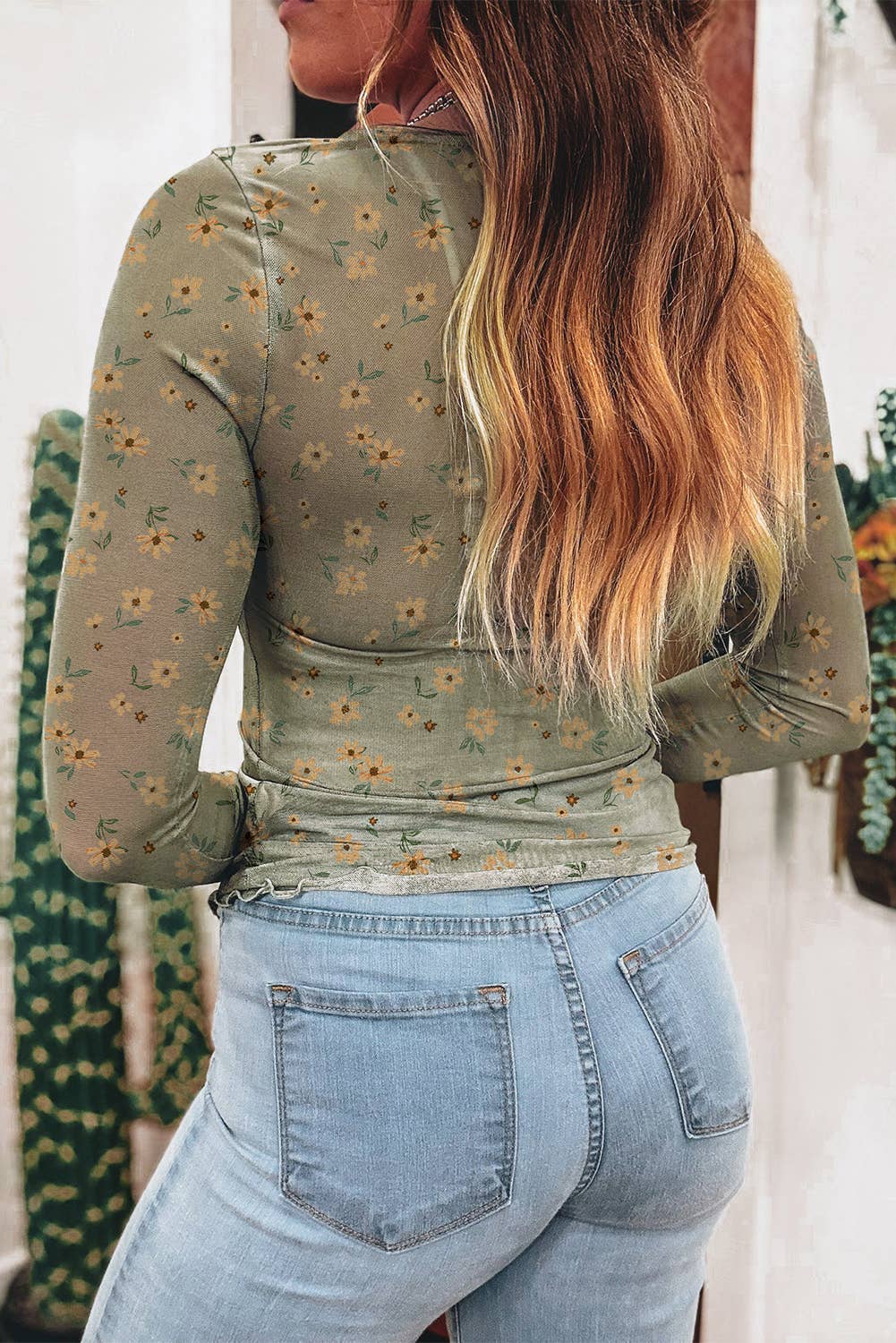Montana Boho/Western Essentials: Vintage Floral Print Southern Style Mesh Long Sleeve Top