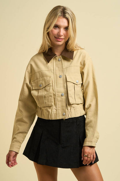 Cropped Utility Jacket with Contrast Collar (OLIVE w/Brown Collar)